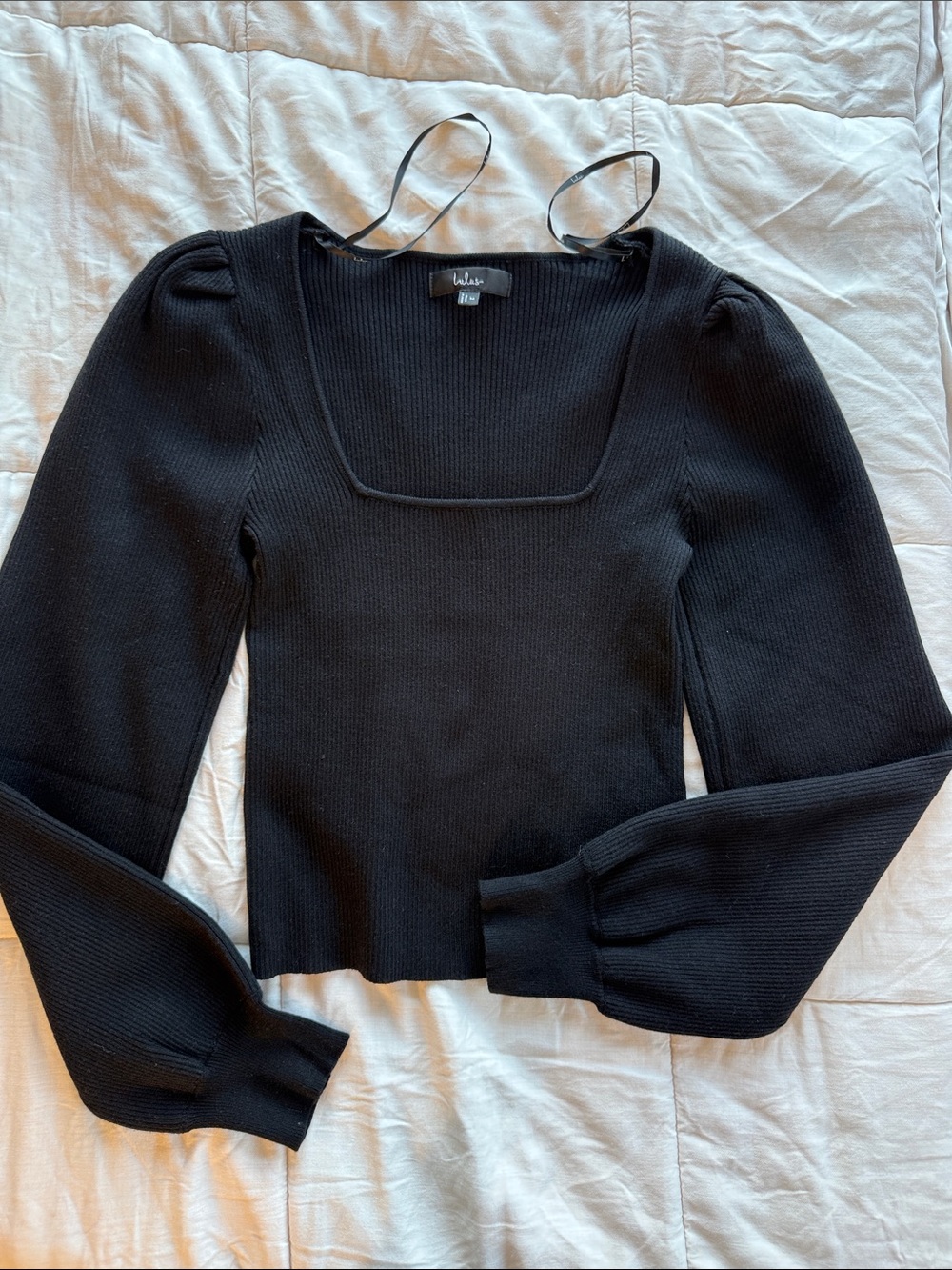 Lulu's Black Square Neck Ribbed Puff-Sleeve Long Sleeve Top